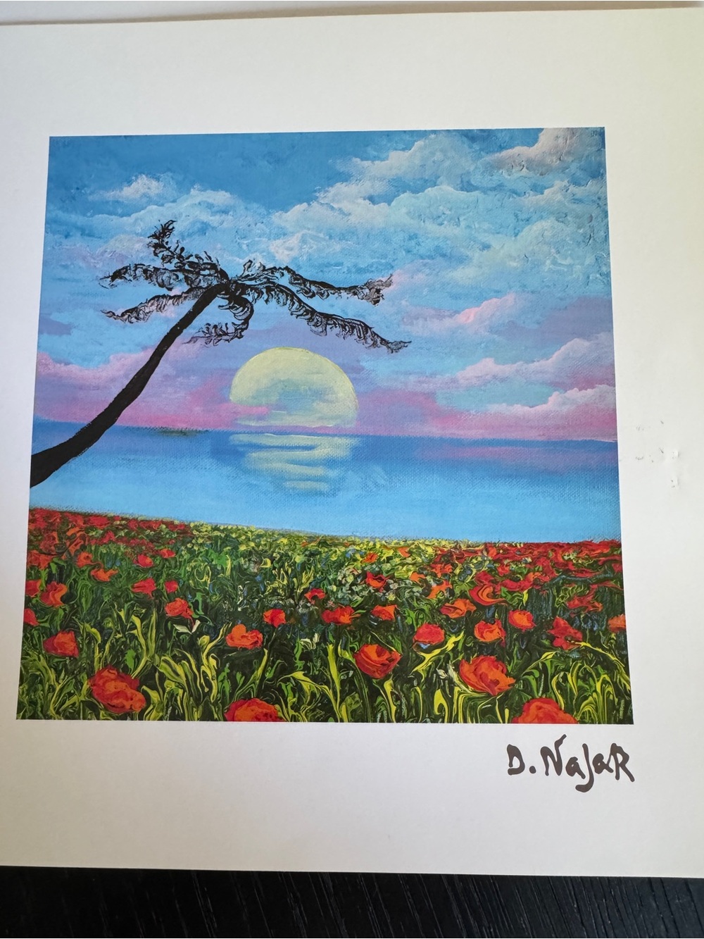David Najar 2024 “Sounds of Love” lithograph. 10 x 10 1/8”. Tropical sunset. New